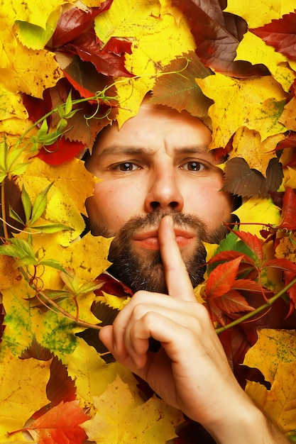 Artistieke conceptuele herfst baard man portret. Kleurrijke bladeren. Bladeren van bomen rond een emotioneel gezicht. De herfst komt eraan.