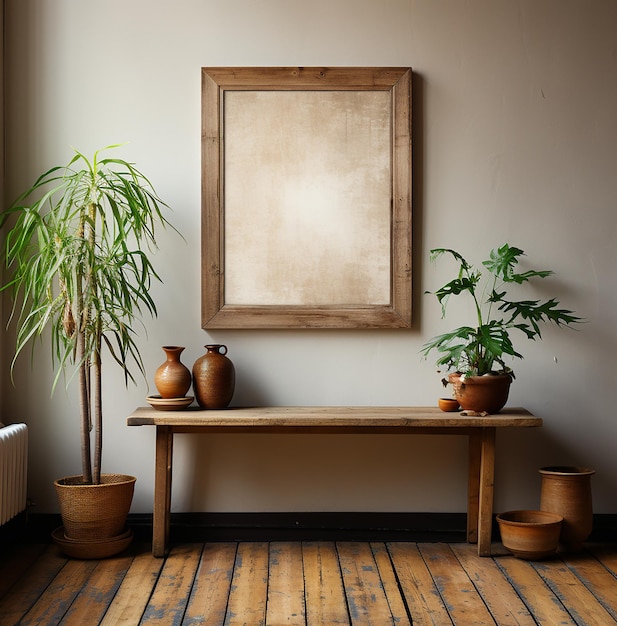 Artistieke essentie Een houten frame met een papier op de vloer in de stijl van relaxte luxe