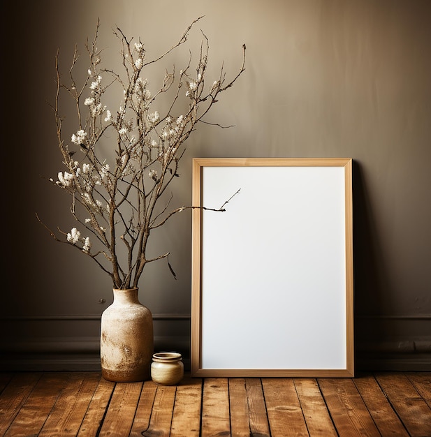 Artistieke essentie Een houten frame met een papier op de vloer in de stijl van relaxte luxe