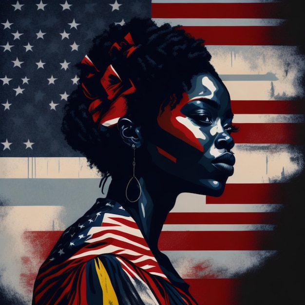 Foto artistieke indruk van juneteenth witte zwarte vrouw afdrukken achtergrond in amerikaanse vlag kleuren