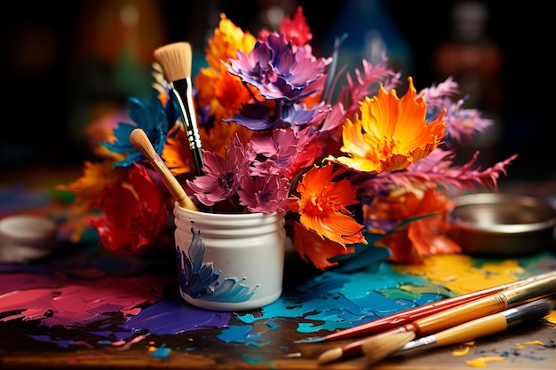 artistieke kleurrijke verf en penselen op een zwarte houten achtergrond