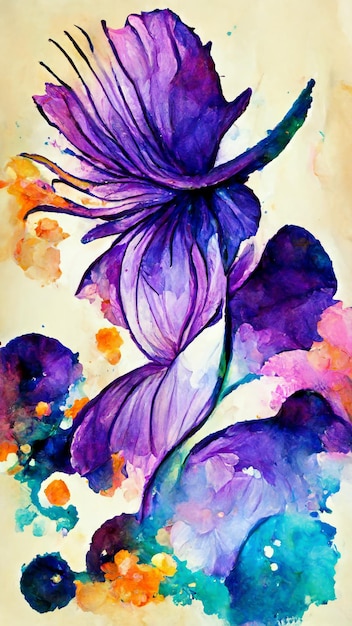 Artistieke paarse kleuren bloem splash aquarel achtergrond 3D illustratie