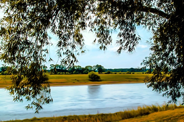 Artistieke realistische illustratie van het landelijke landschap van de zomer met veel groen bomen, gras en rivier op een zonnige heldere heldere dag