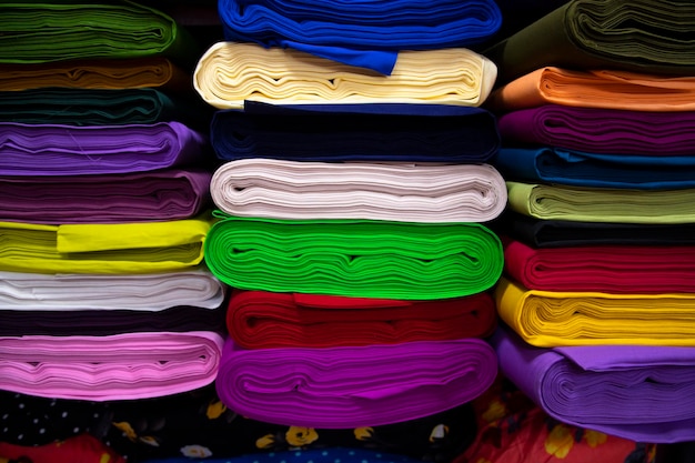 Artistieke variëteit tint toonkleuren Textielstoffen gestapeld in de winkel Winkelplank te koop