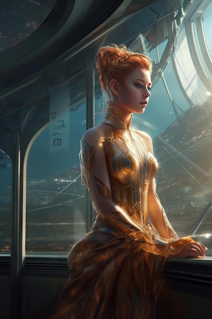 Artistieke verwerking Fantasie meisje prinses in gouden jurk staat in futuristische kamer kijkend naar raam met futuristische stadslandschap zonsondergang Generatieve AI