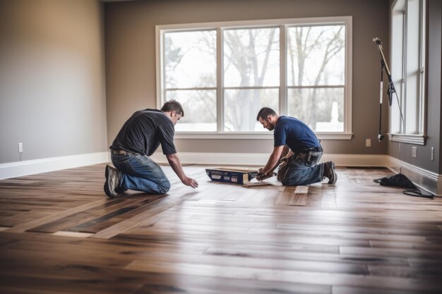 Photo the artistry of two men crafting wood panel flooring in a house 32 aspect ratio
