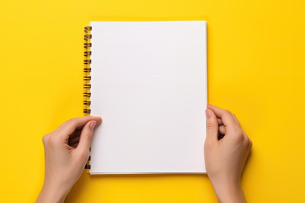 The artistry unveiled a captivating visual of female hands writing in a notepad on a vibrant yellow