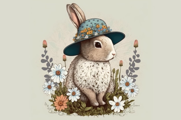 Artists conception of a cute hare in a floral hat