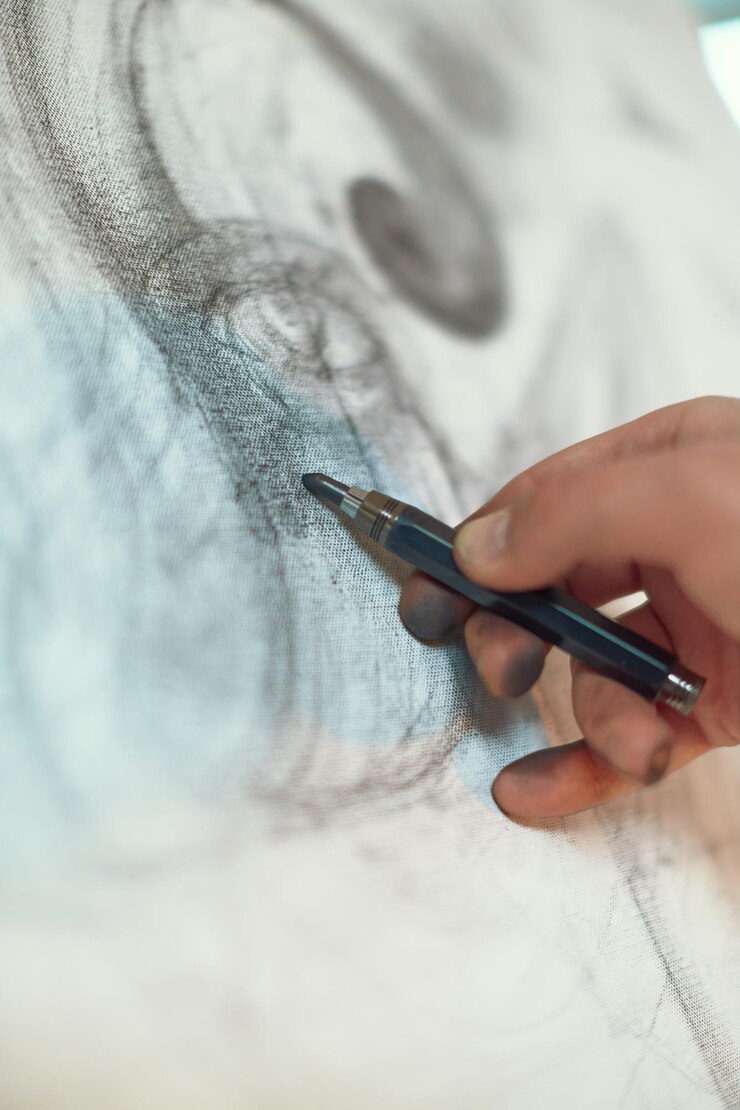 Photo artists hand drawing on canvas with pencil closeup designer creates draft sketching by graphite