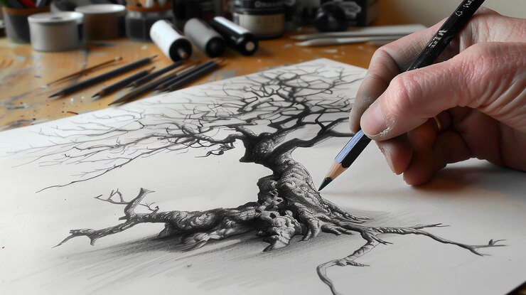 Photo artists hand drawing a detailed sketch of a bare tree with pencil
