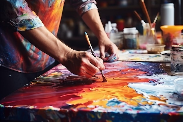 Artists hand painting a vivid canvas with colorful strokes