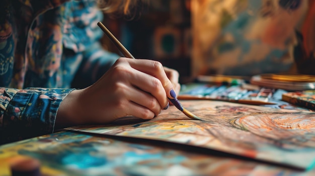 예술가 들 이 캔버스 에 브러시 를 사용 하여 손 으로 그림 을 그린다