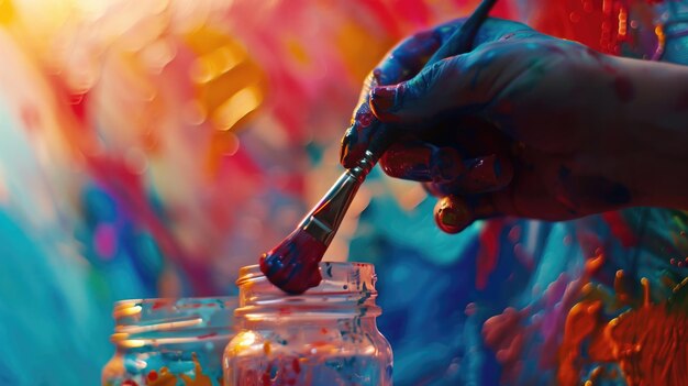 Foto una mano di un artista che usa un pennello su una tela con un'esplosione di colori vivaci