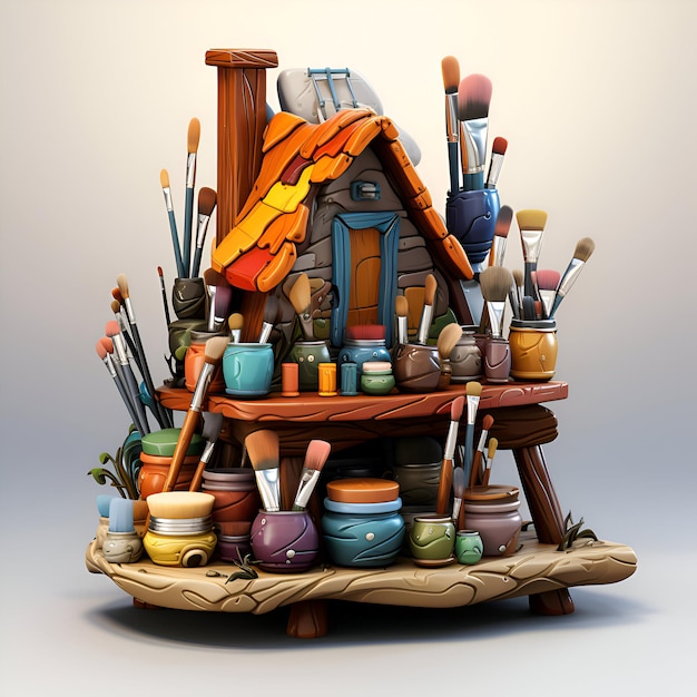 Photo artists house made of clay and brushes 3d illustration