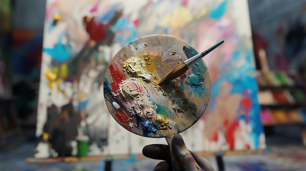 An artists palette with a variety of colors and a paintbrush in front of a blurred canvas