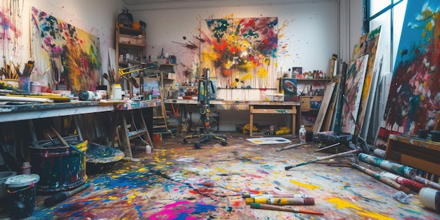 Студия художника в полном творческом хаосе краска брызнула блестящим