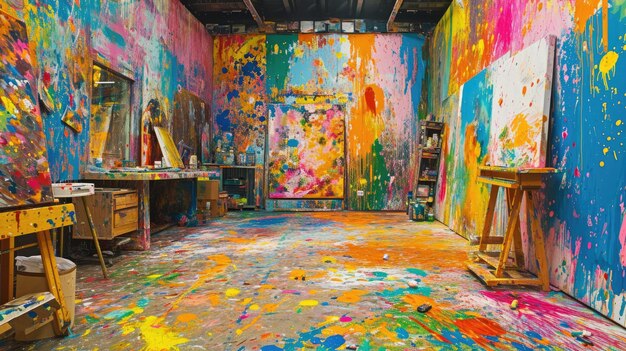 An artists studio in full creative chaos paint splattered resplendent