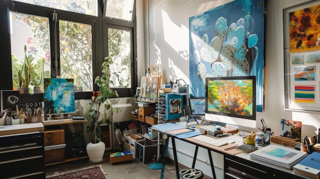 An artists studio with a digital canvas where AI suggestions help refine compositions melding creativity and technology