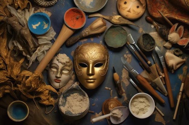 Foto strumenti e materiali per artisti per la creazione di maschere create con l'ia generativa