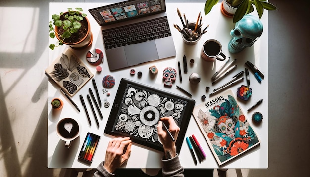 an artists work station featuring a person sketching on a tablet surrounded by