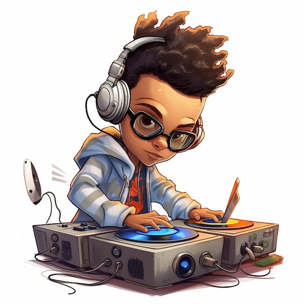 Photo artoon of a cool kid dj generative ai