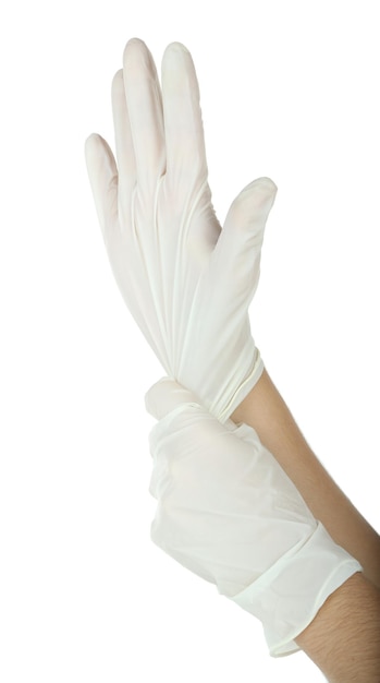 Arts die beschermende handschoenen op wit wordt geïsoleerd