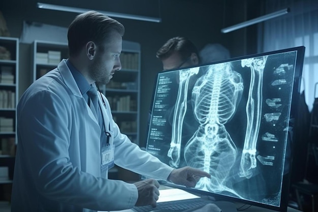 arts die naar een computerscherm kijkt met een stethoscoop erop.