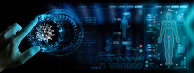 Arts in de medische wetenschap werkt met moderne computer in het laboratorium met een biologische ar voor analyse en bemonstering van infectieziekte covid-19.