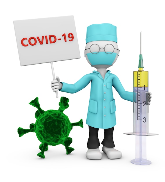 Arts met een bordje met tekst "COVID-19", spuit en coronavirus bacteriën