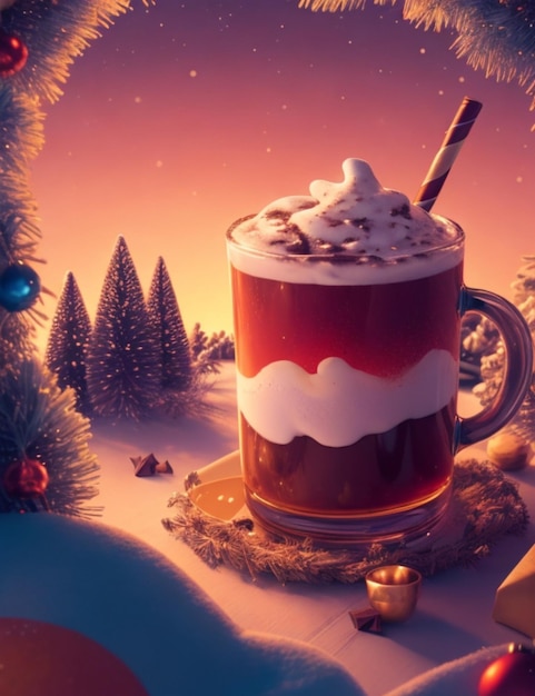 Arts work of beautiful design Christmas chocolate drink with mashmallow spruces sunset