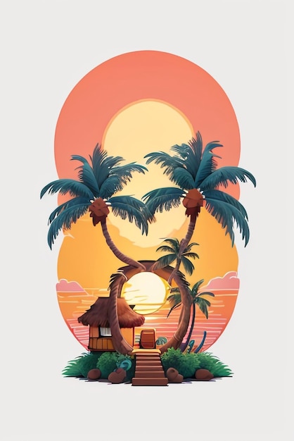 Foto opera d'arte di una casa di design di magliette con tramonto di un albero di cocco ia generativa
