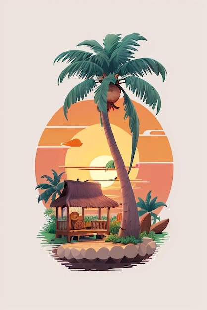 Arts work of t shirt design home with coconut tree sunset generative ai