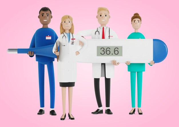 Artsen. Een groep medische hulpverleners houdt een thermometer vast. Hoofdarts en medisch specialisten. 3D illustratie in cartoon-stijl.