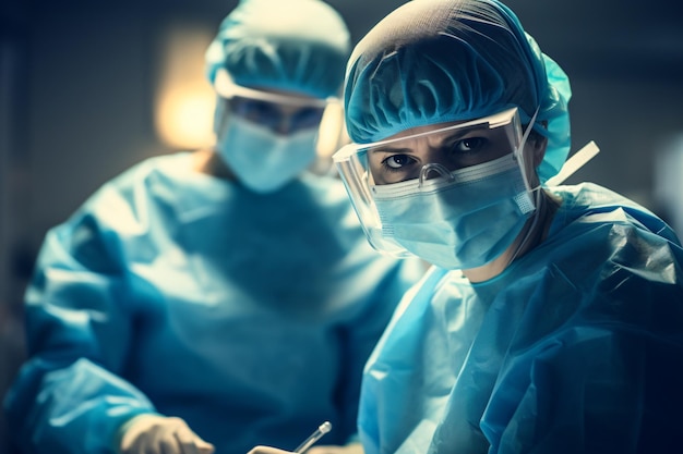 Artsen en assistenten dragen beschermende pakken en maskers in een operatiekamerclose-up