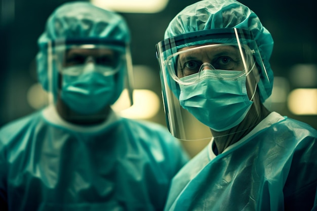 Artsen en assistenten dragen beschermende pakken en maskers in een operatiekamerclose-up