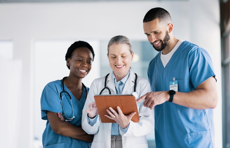 Foto artsen gezondheidszorg en teamwerk op tablet voor online resultaten mentoradvies en onderzoeksondersteuning in de kliniek medisch verpleegkundige studenten of mensen op digitale technologie ziekenhuissoftware of teamsamenwerking