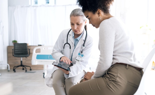 Artsenvrouwen en tablet in medisch consult ziekenhuisvergadering en praten over online resultatentest of feedback Medische professional en patiënt lezen van digitale informatie of advies in de kliniek