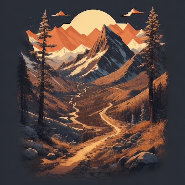 Artwork of adventurous mountain tracks for tshirt design