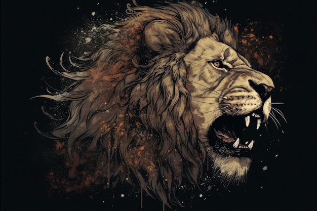 An artwork of an angry lion on a dark background in the style of painted illustrations Generative AI