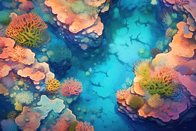 An artwork capturing the vibrant beauty of corals and sponges in their underwater habitat An aerial view of a vibrant coral reef AI Generated