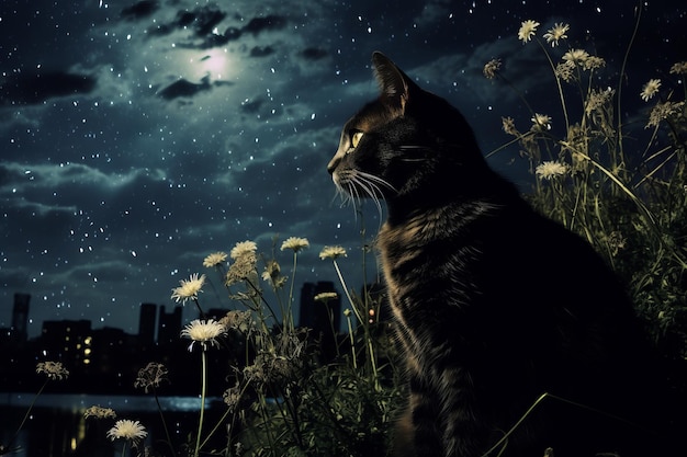 Foto un'opera d'arte del gatto nella notte