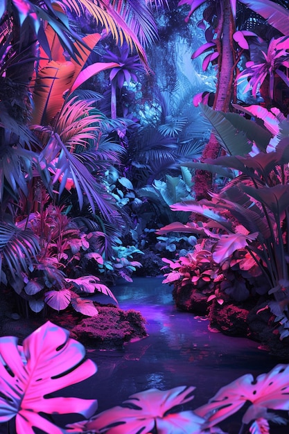 사진 artwork depicting a futuristic jungle with bioluminescent plants and trees