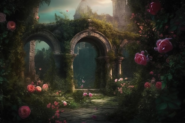 an artwork depicting a garden filled with roses and a castle in the distance