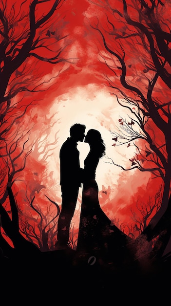 Artwork depicting two lovers kissing under a tree predominantly in red and white colors