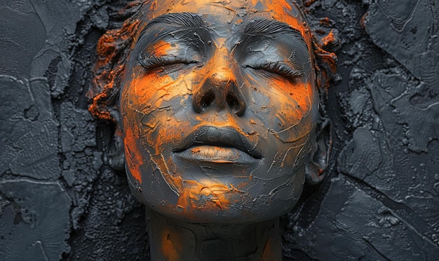 焼けた石の刻のスタイルでオレンジ色の肌の女性を描いた美術品