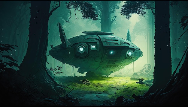 The artwork depicts a science fiction environment with a lost spacecraft in the middle of a forest