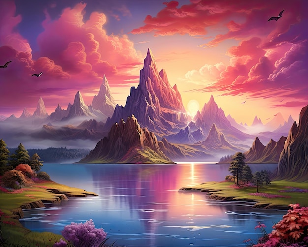 The artwork displays mountains water pink sky and clouds Generative AI