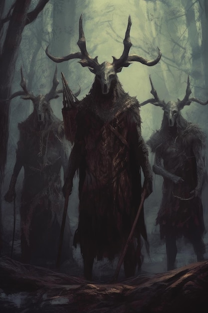 The artwork features three horned characters