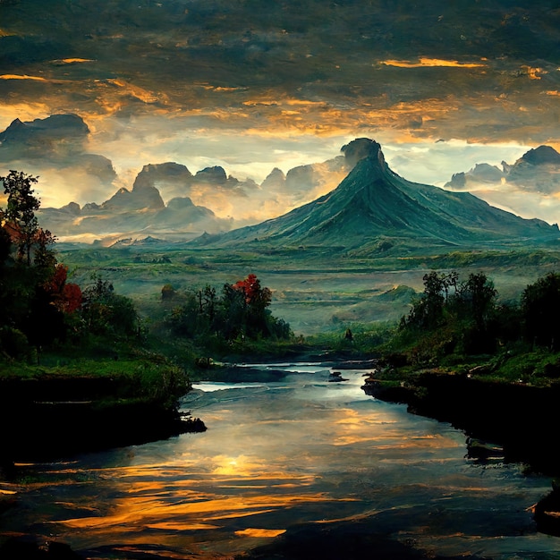 Artwork illustrates natural peace. Amazing watercolor landscape of mountains, forest and lake.