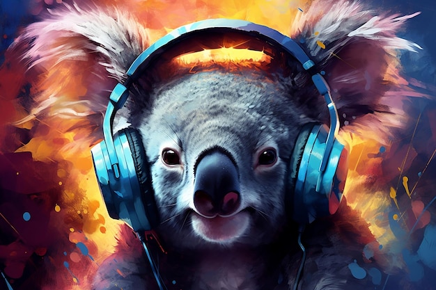 An artwork illustration of a koala wearing headphones listening Generative Ai